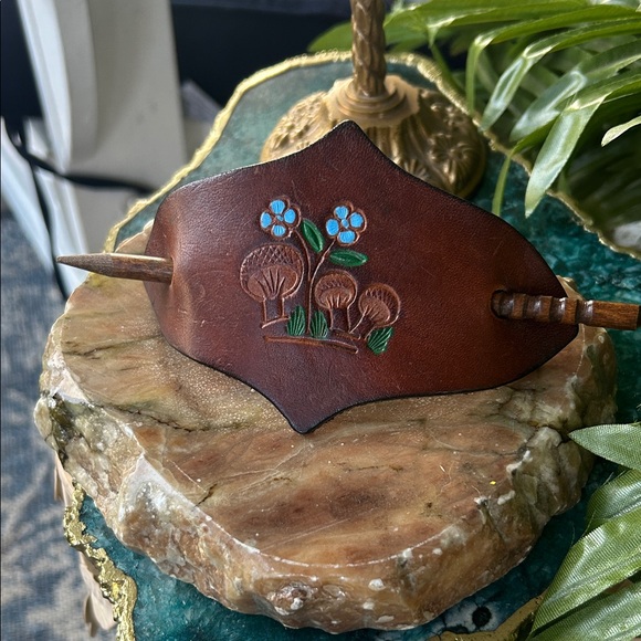 Vintage Handcrafted Leather and Wooden Hair Stick Slide Barrette main image 6